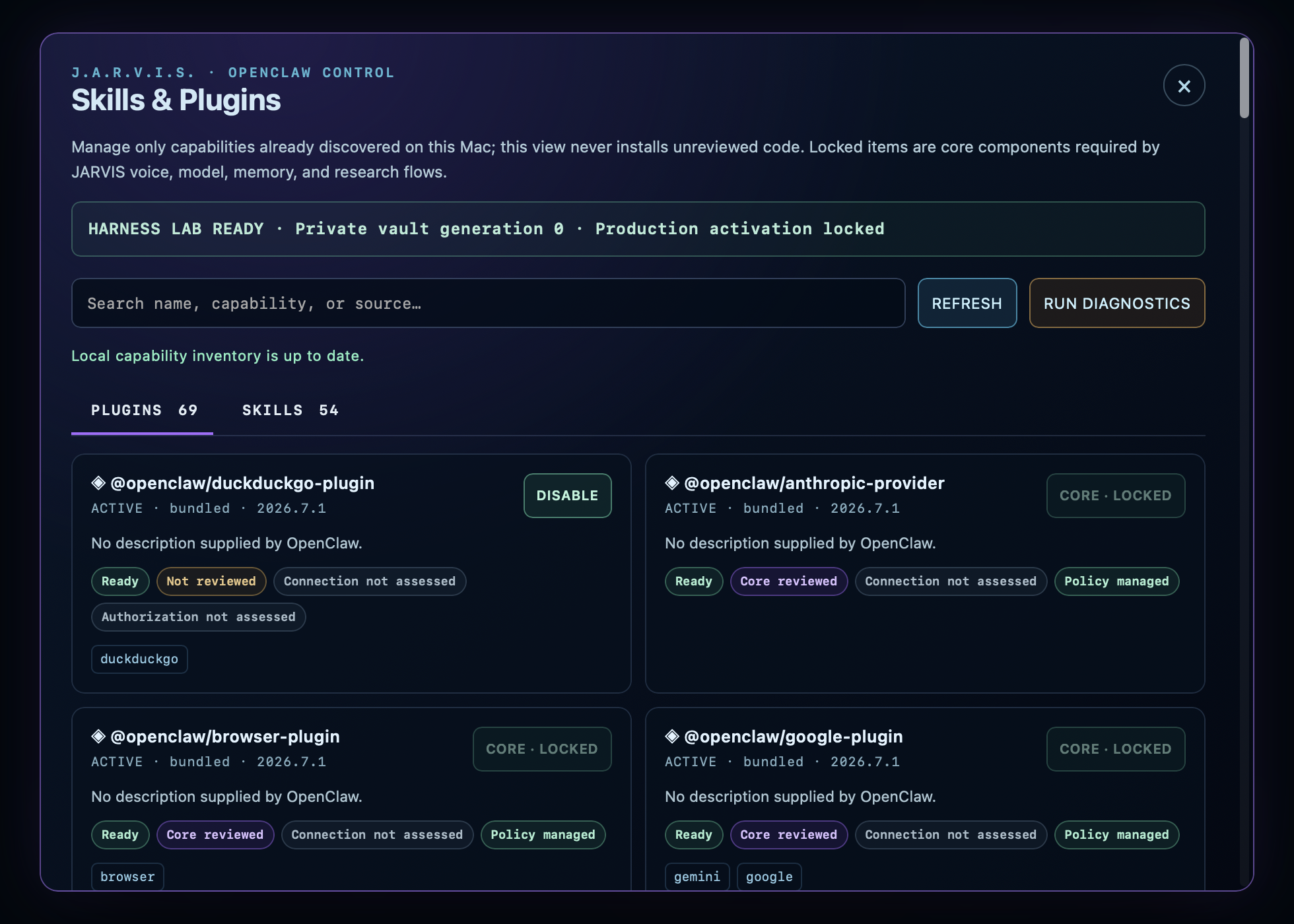 Actual MERRICK Skills and Plugins manager showing installed capabilities, lifecycle, permission scope, and Harness status