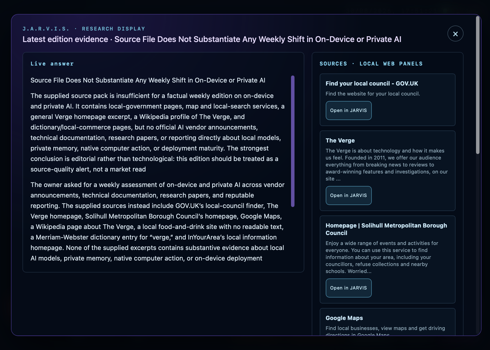Actual MERRICK Research Display showing multiple source pages, its answer, and evidence integrity