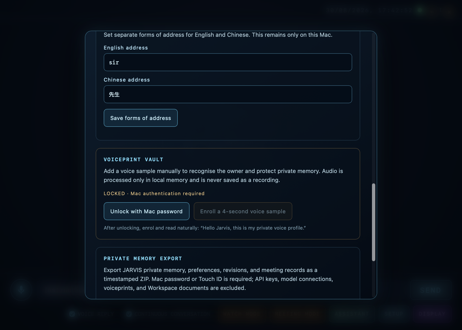 Actual MERRICK Voiceprint Vault in Settings, protected by Mac authentication